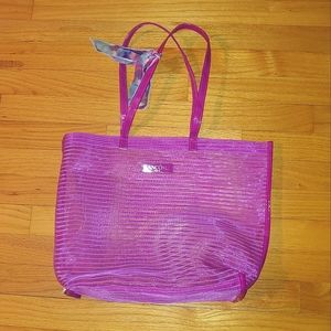 Fuchsia Stripe Mesh Open Tote Shoulder Bag Grocery Beach Limited Edition Lancome